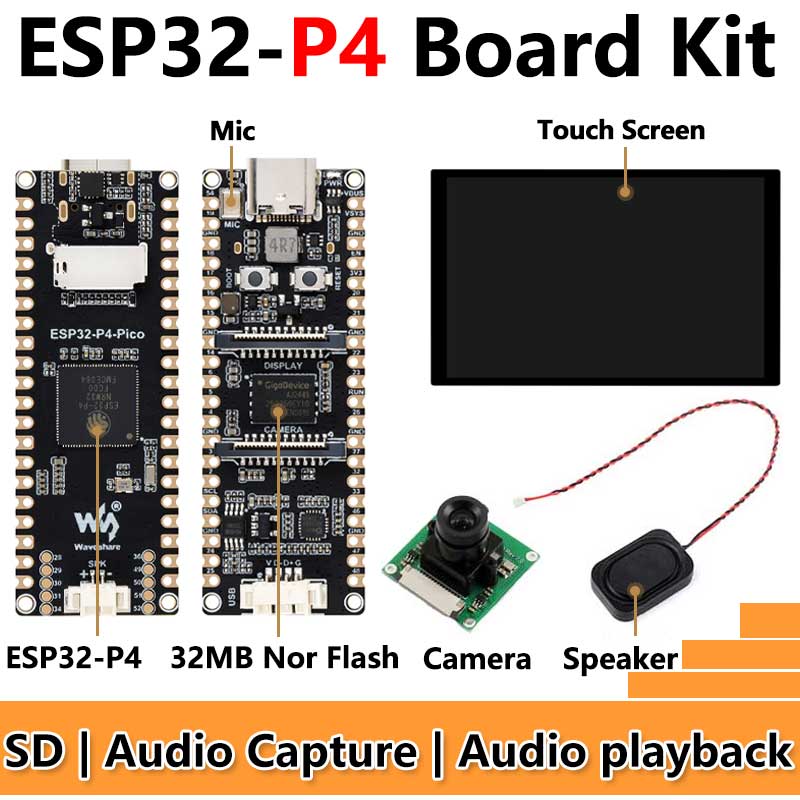 ESP32-P4 PICO Development Board with MIPI DSI 10.1-inch Display, CSI Camera, and Audio Speaker