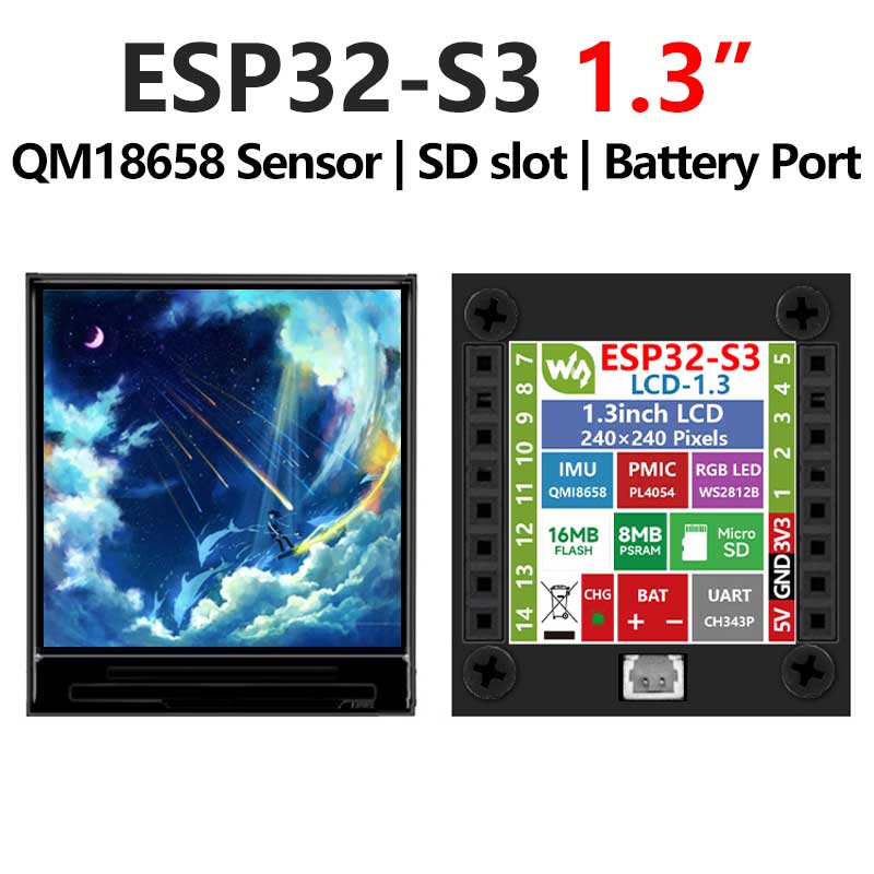 ESP32 S3 LCD Development Board 1.3 inch Display 1.3inch Screen ST7789 240x240 Mini TV SD-Port QST QMI8658 Gyro Sensor LVGL For Arduino