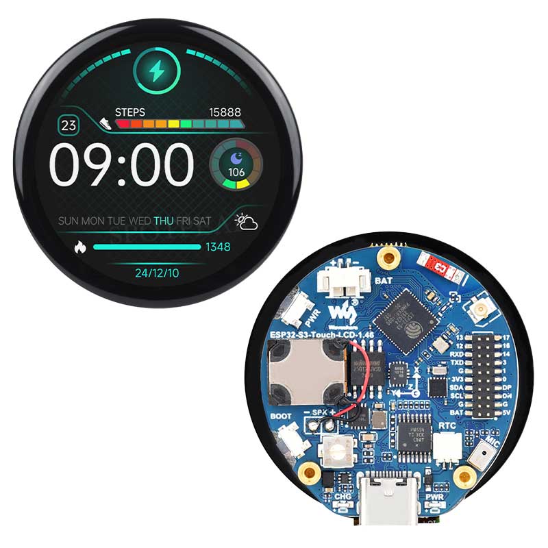 ESP32 S3 Development Board 1.46 inch Round LCD  1.46inch Display 412x412 QMI8658 Sensor / MIC / SD /MP3  Audio /Battery Port LVGL/HMI For Arduino