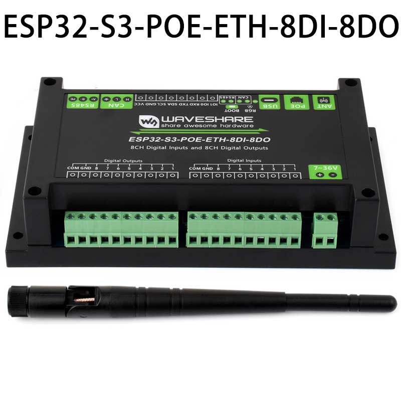 ESP32-S3 Industrial 8-Channel Controller with WiFi Bluetooth CAN IoT RS485 and RJ45 ETH POE 
