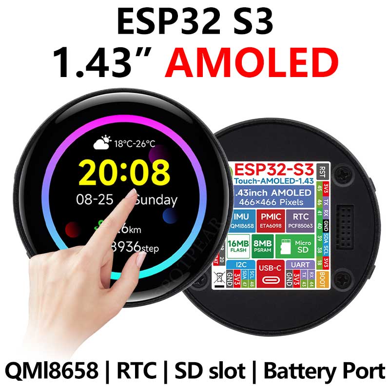 ESP32 S3 Development Board 1.43 inch AMOLED Display 1.43inch TouchScreen For Arduino LVGL With SD-Port/ QMI8658C 6-Axis Sensor