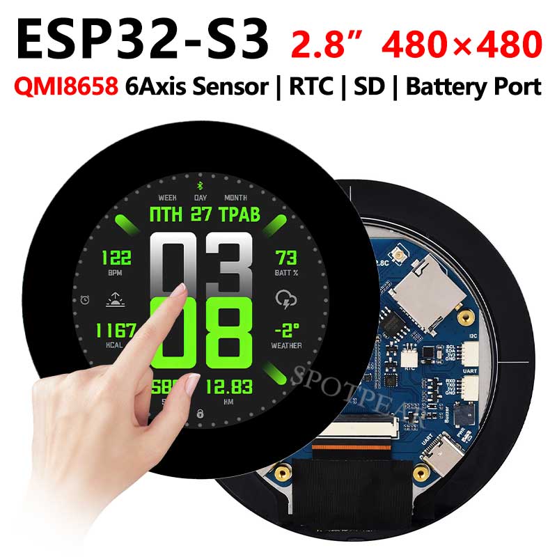 ESP32 S3 Development Board 2.8 inch Round LCD Display 480x480 QMI8658 Sensor / SD /MP3  Audio /Battery Port LVGL/HMI For Arduino