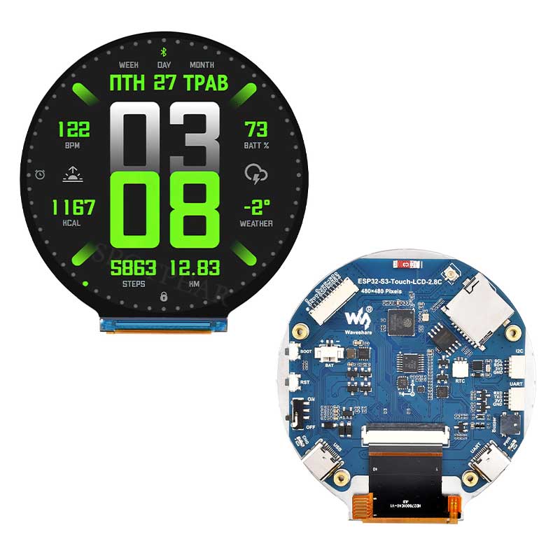 ESP32 S3 Development Board 2.8 inch Round LCD Display 480x480 QMI8658 Sensor / MIC / SD /MP3  Audio /Battery Port LVGL/HMI For Arduino