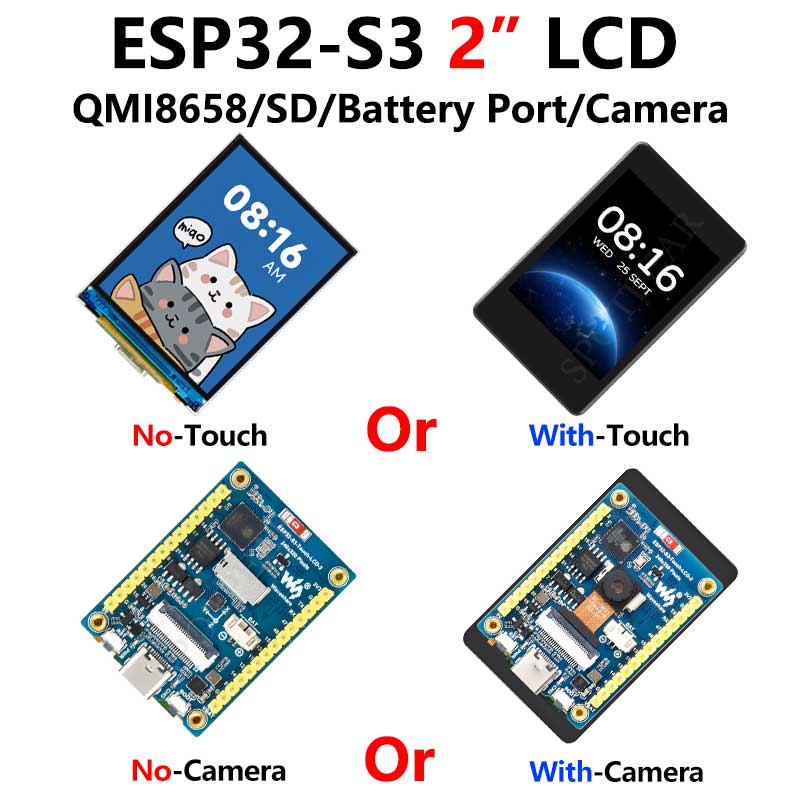 ESP32 S3 LCD Camera Development Board 2 inch Display QMI8658 Sensor / Battery Port LVGL/HMI For Arduino