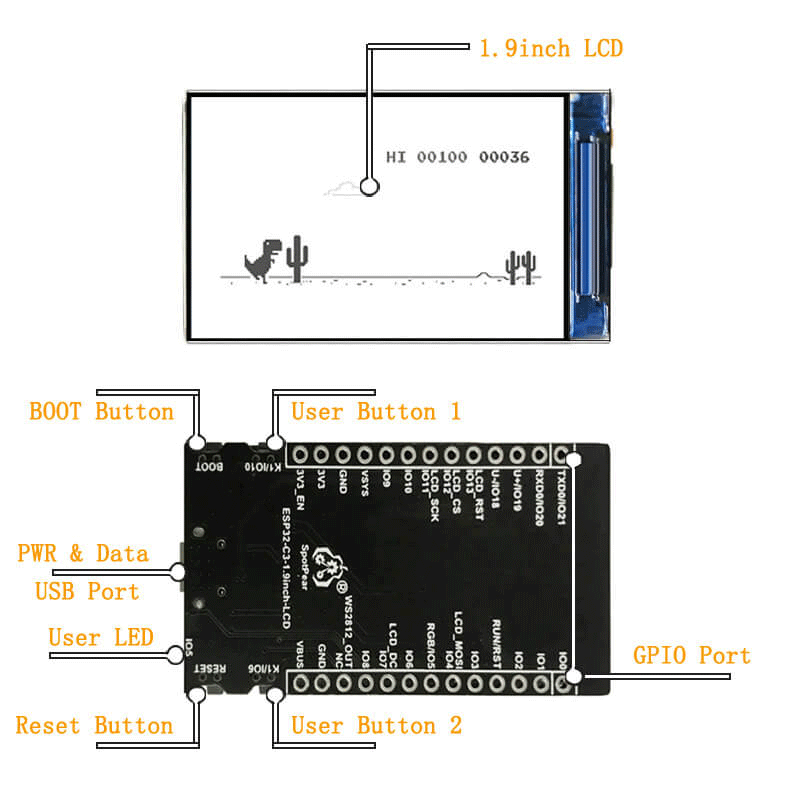 ESP32 C3 for Google Dinosaur game 1.9inch LCD Display board LVGL MINI TV ST7789 WIFI For Arduino IED