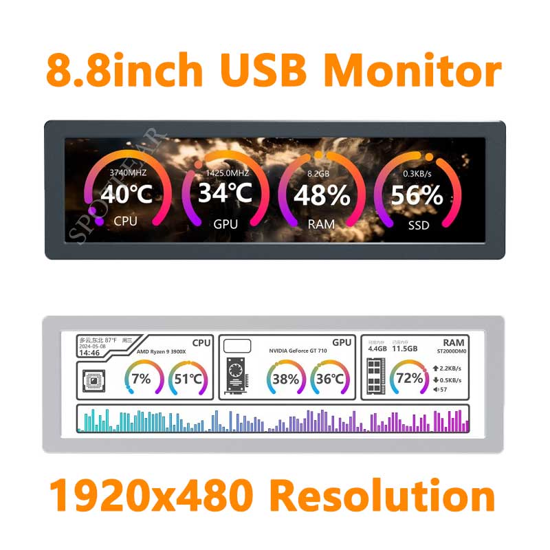 8.8inch LCD 1920x480 Computer PC Monitor Display Secondary Screen TypeC USB CPU RAM