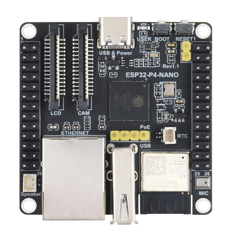 ESP32-P4-NANO Development Board RISC-V WiFi6 MIPI CSI Camera / 10.1 inch DSI Display / USB / RJ45 Ethernet / POE / Audio Buzzer