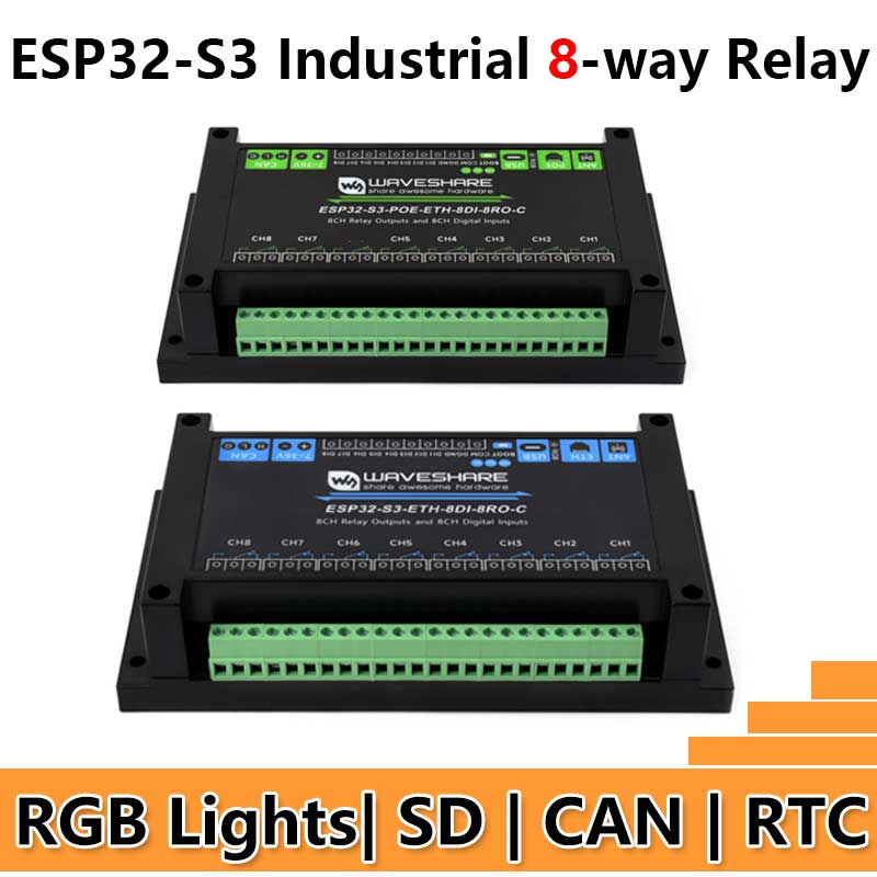 ESP32-S3 Industrial 8-CH Relay IOT LAN WiFi /Bluetooth /CAN /RJ45 Ethernet /POE
