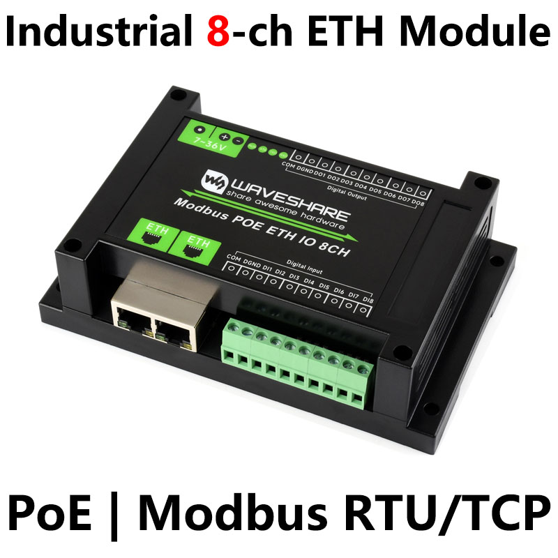 Industrial Grade ETH Ethernet 8-Channel Relay Module, Modbus, PoE Power Supply