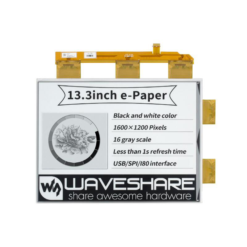 Raspberry Pi 13.3inch e Paper e Ink Display HAT, 1600×1200, Black / White, 16 Grey Scales, USB / SPI