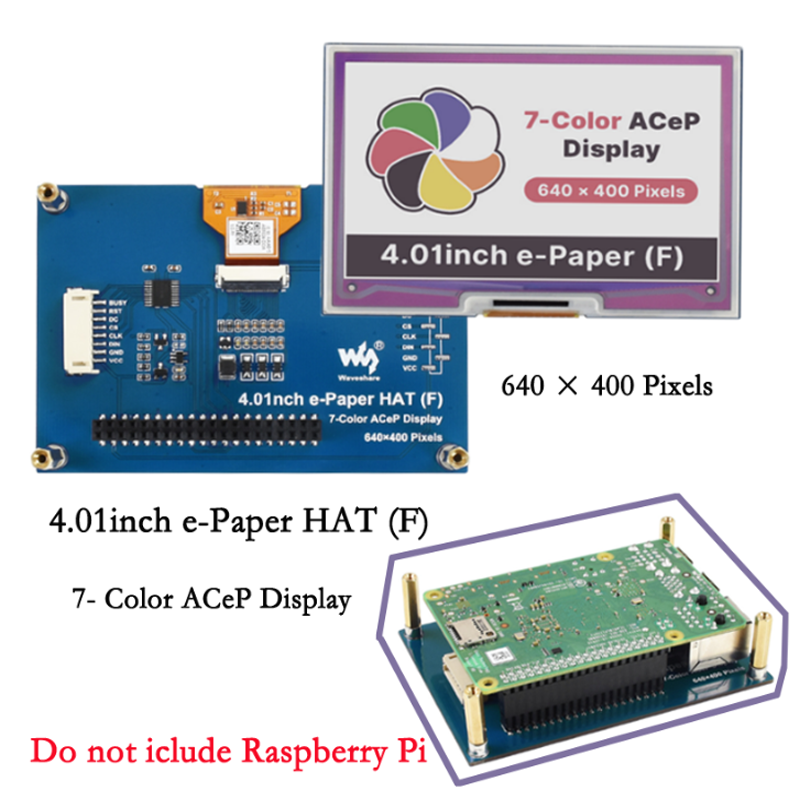 Raspberry Pi 4.01inch ACeP 7 Color E Paper E Ink Display HAT, 640×400 Pixels