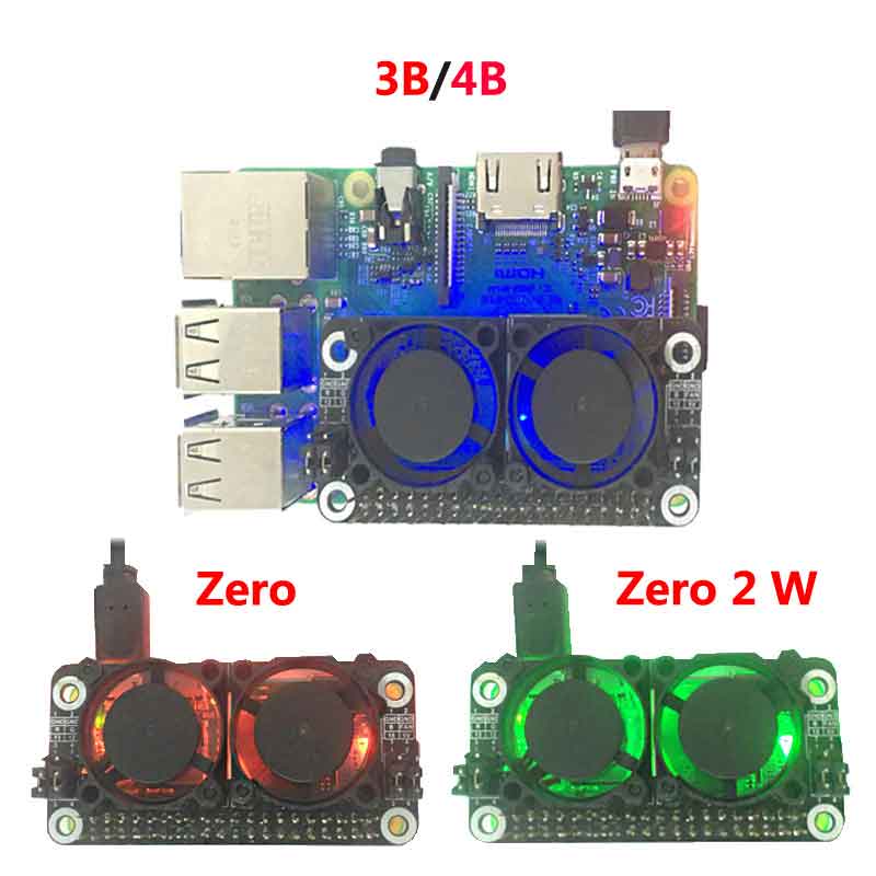 Raspberry Pi Double Fan Hat Expansion Board for Raspberry Pi Zero 2W/3B/4B with RGB LED