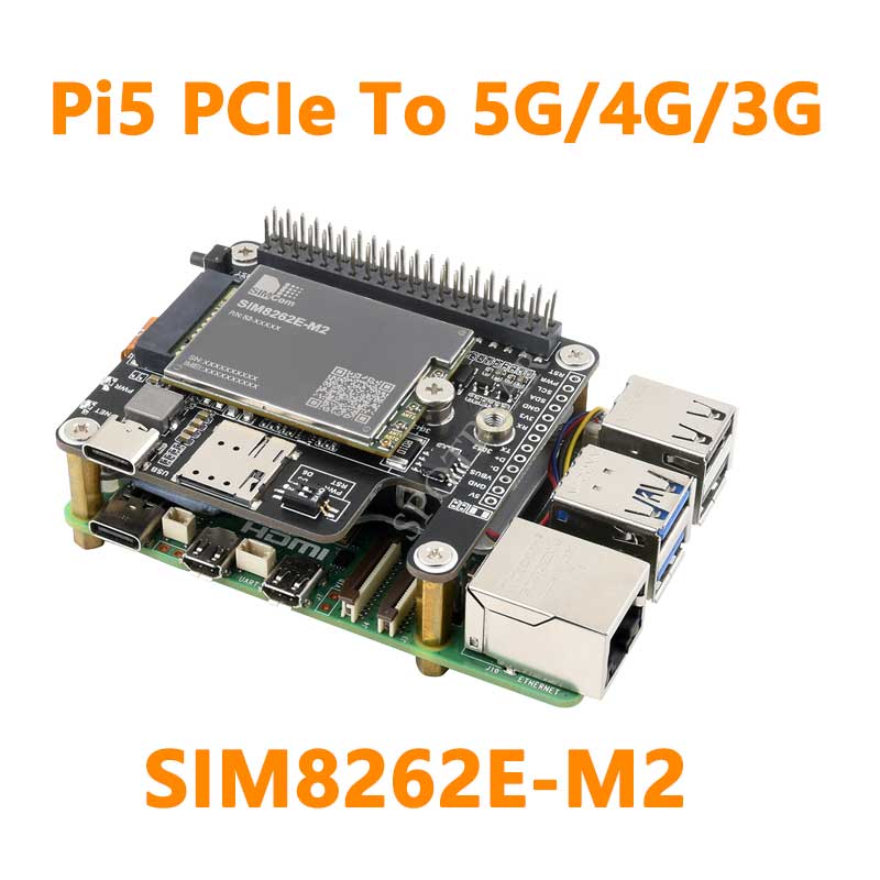 Raspberry Pi 5 PCIe to M.2 5G/4G/3G HAT With SIM8262E-M2