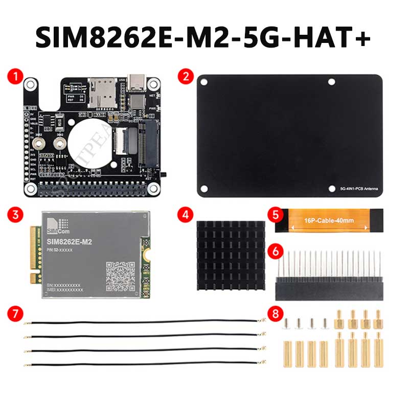 Raspberry Pi 5 PCIe to M.2 5G/4G/3G HAT With SIM8262E-M2