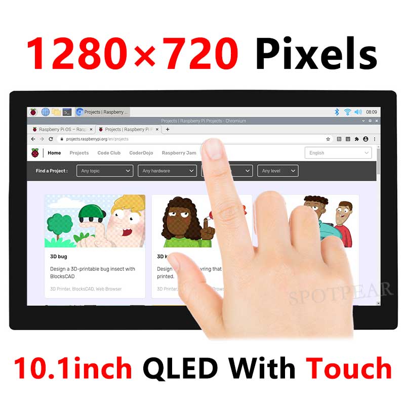 Raspberry Pi 10.1 inch QLED Quantum Dot Display 1280x720 Capacitive Touchscreen For Computer PC/Jetson/Game