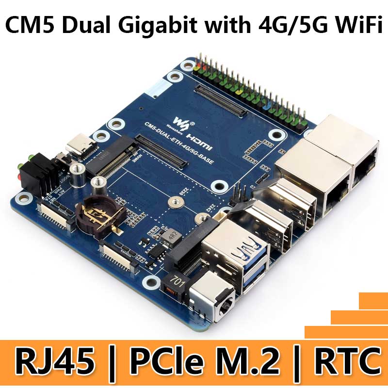 Raspberry Pi CM5 4G/5G Dual Ethernet Port ETH Gigabit/2.5G Expansion Board with RJ45 IO Base and GPIO