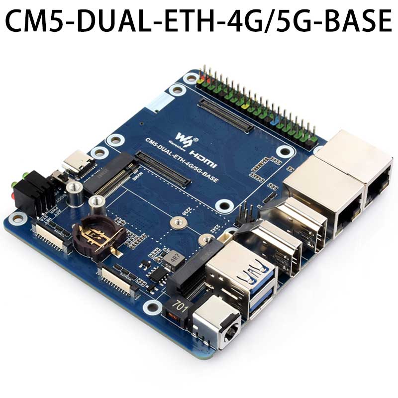 Raspberry Pi CM5 4G/5G Dual Ethernet Port ETH Gigabit/2.5G Expansion Board with RJ45 IO Base and GPIO