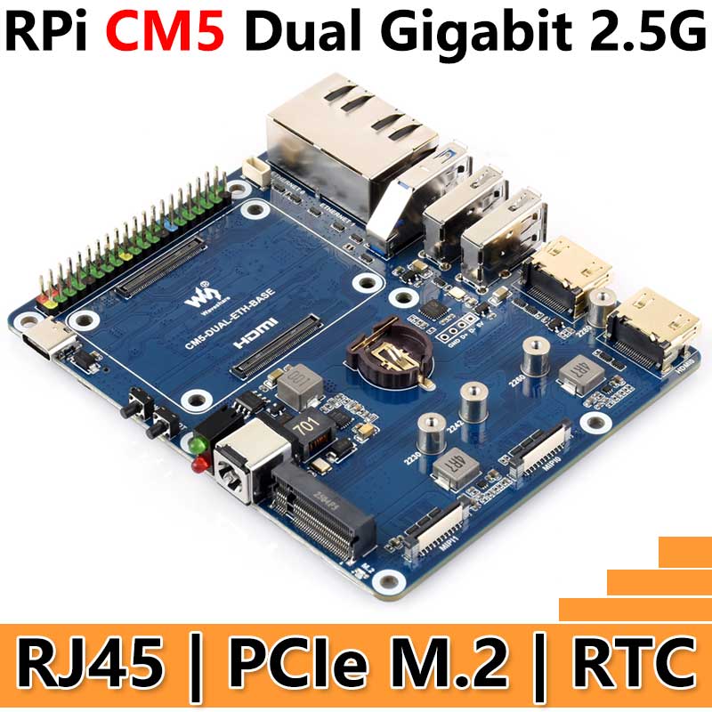 Raspberry Pi CM5 Gigabit/2.5G Dual Ethernet Expansion Board with RJ45 GPIO IO Base
