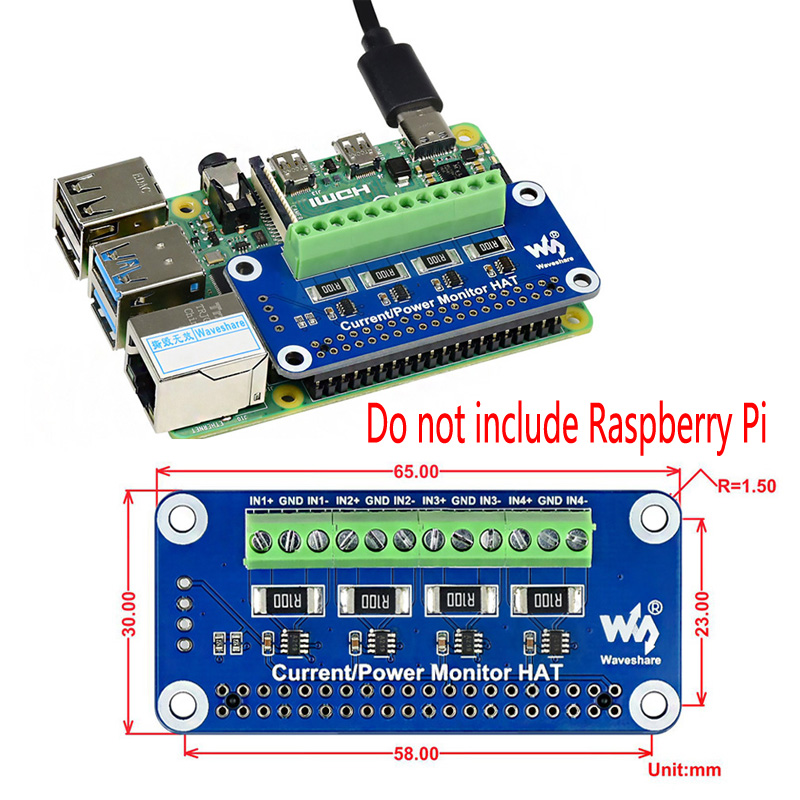 Raspberry Pi 4 ch Current/Voltage/Power Monitor HAT, I2C/SMBus