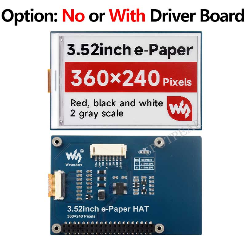 3.52 inch e-Paper HAT B E Ink Red/Black/White 360x240 Screen Display For Arduino /Raspberry Pi /Jetson Nano /STM32