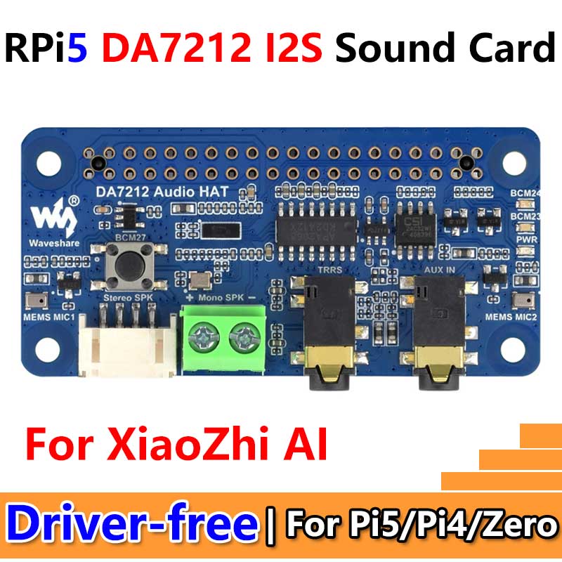 Raspberry Pi DA7212 I2S Audio For XiaoZhi AI Expansion Board Dul-mic Free-Driver For PI5/PI4/Zero