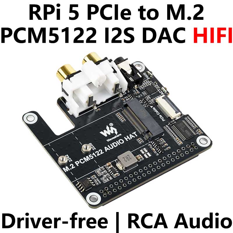 Raspberry Pi 5 PCIe to M.2 NVME and PCM5122 I2S DAC HIFI Expansion Board Driver-Free