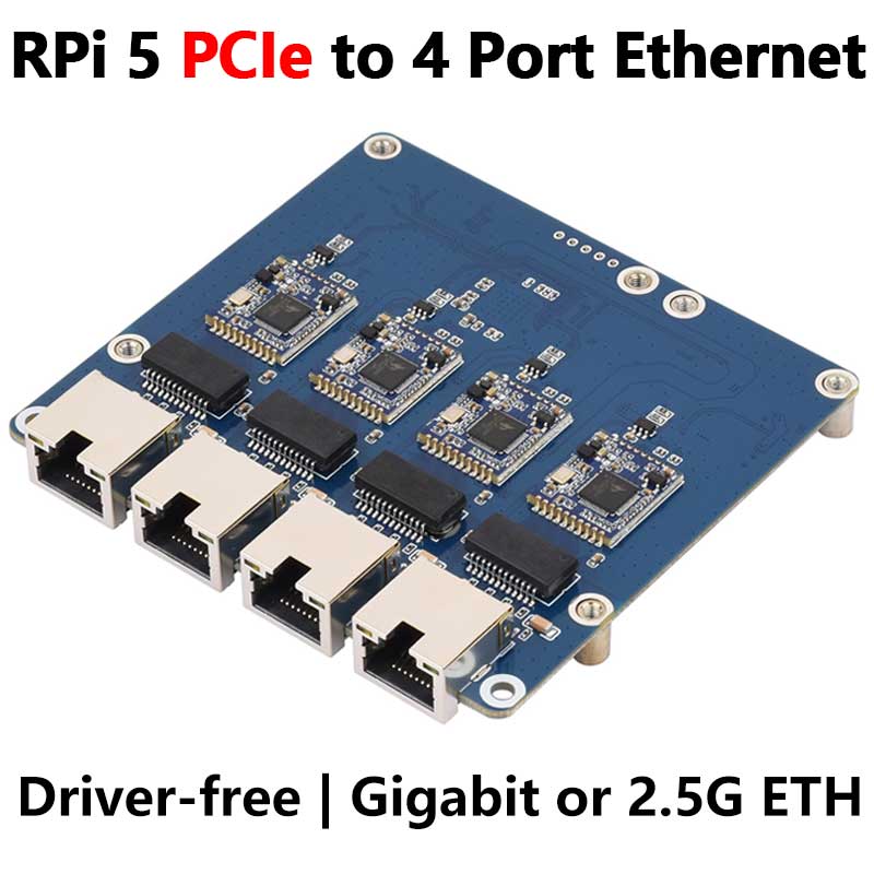 Raspberry Pi 5 PCIe to 4 Port 2.5G Gigabit Ethernet Adapter RJ45 Ports