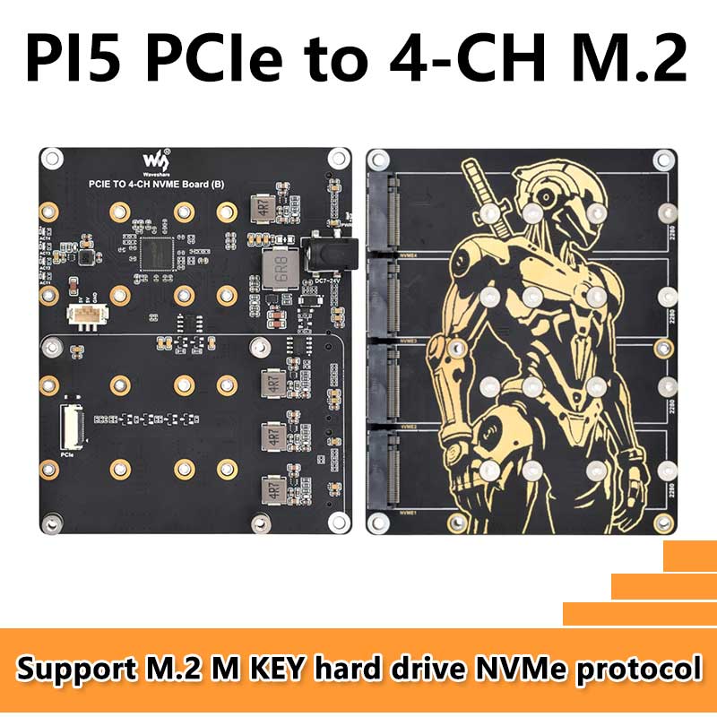 Raspberry Pi 5 PCIe to 4-CH M.2 NVMe 4-Ports SSD Board HAT Pi5 Four-Times