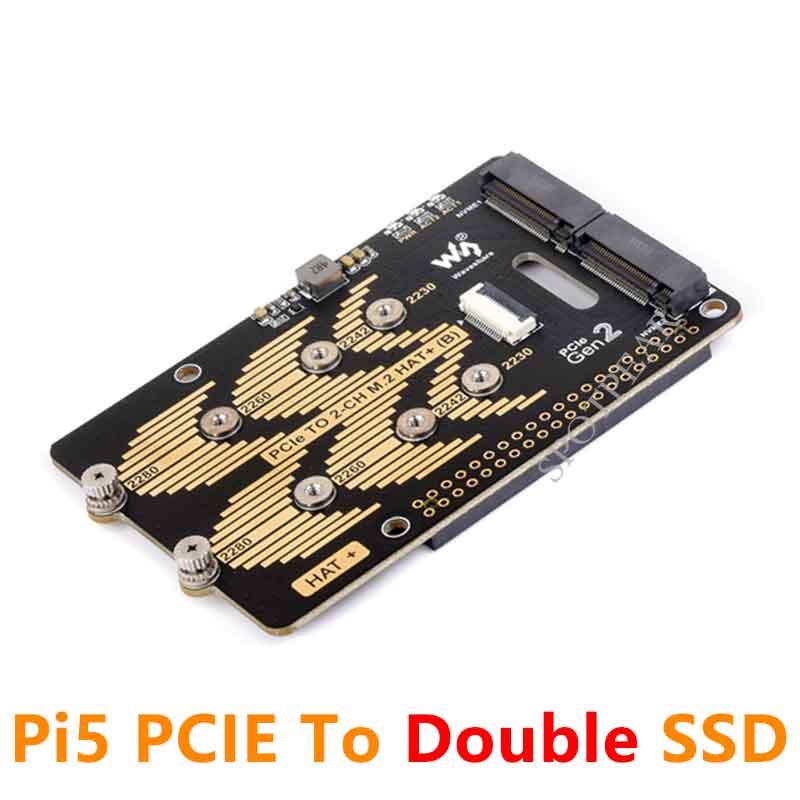 Raspberry Pi 5 PCIe to 2CH M.2 NVMe SSD Adapter Board HAT (B) Pi5-PCIe-2280-2242-2230