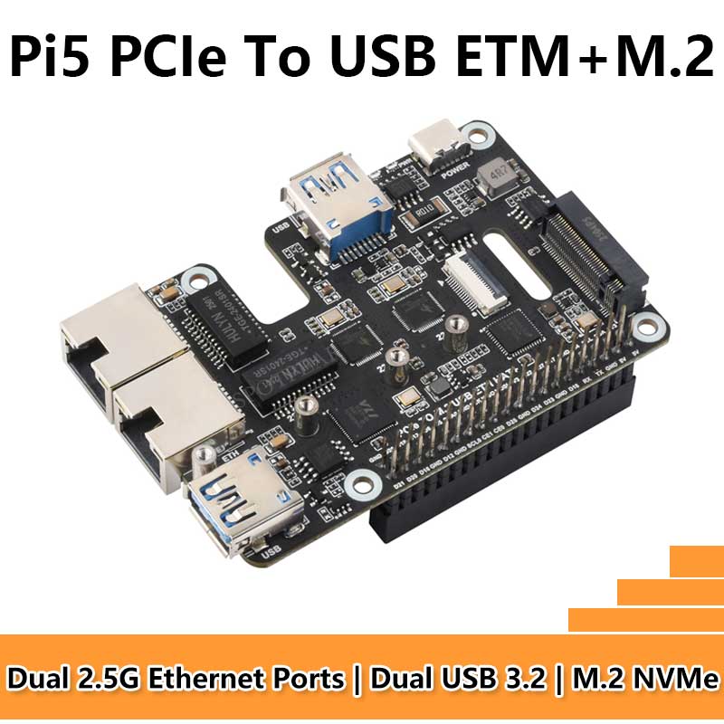 Raspberry Pi 5 PCIe to USB3 HUB Double 2.5G ETH RJ45 and M.2 NVMe SSD PI5 Expansion board HAT+