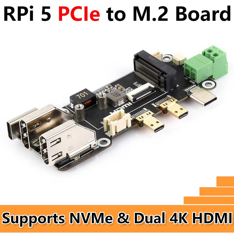 Raspberry Pi 5 PCIe to M.2 Multi Function Adapter Board Supports Dual 4K HDMI Output