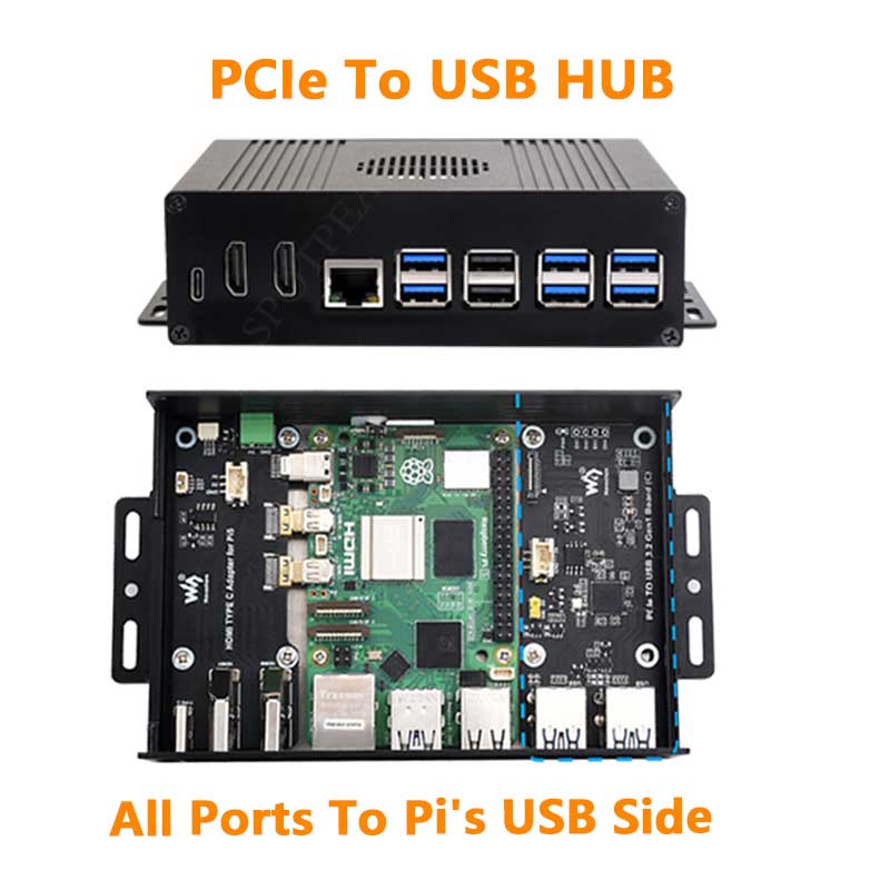 Raspberry Pi 5 Box Case Kit-B PCIe to USB3.2 Hub All Ports To Pi's USB Side