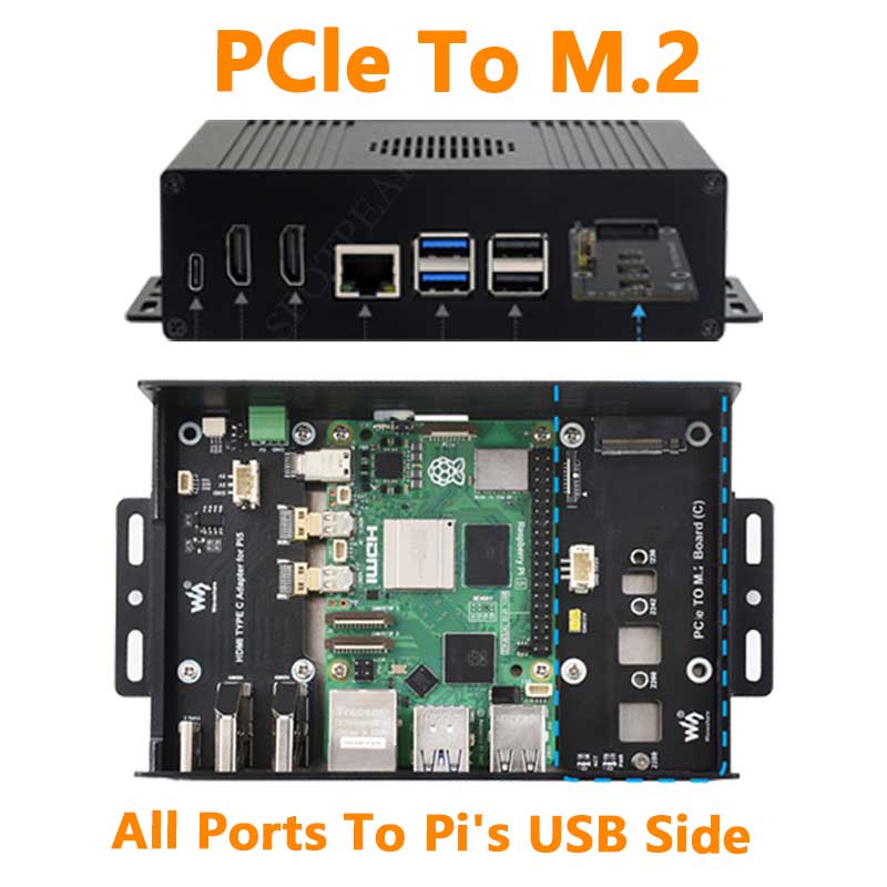 Raspberry Pi 5 Box Case Kit-C PCIe to M.2 NVMe SSD All Ports To Pi's USB Side