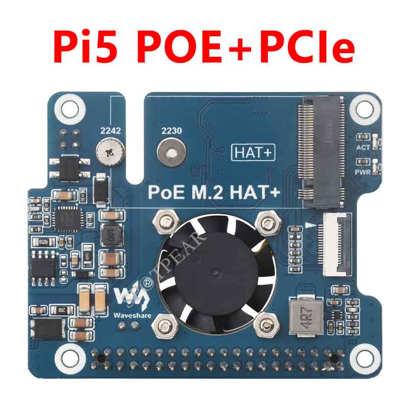 Raspberry Pi 5 POE + PCIe to M.2 NVMe SSD Board HAT+ Pi5 2242/2230 Power over Ethernet