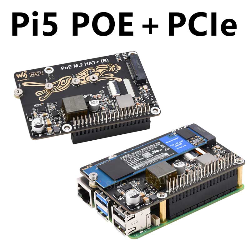 Raspberry Pi 5 PoE Power And PCIe M.2 NVMe SSD HAT PLUS (B) 2230/2242/2260/2280 For PI5