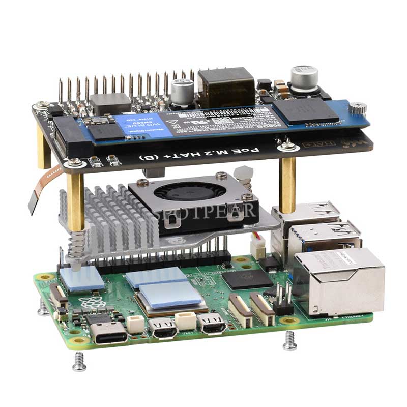 Raspberry Pi 5 PoE Power And PCIe M.2 NVMe SSD HAT PLUS (B) 2230/2242/2260/2280 For PI5