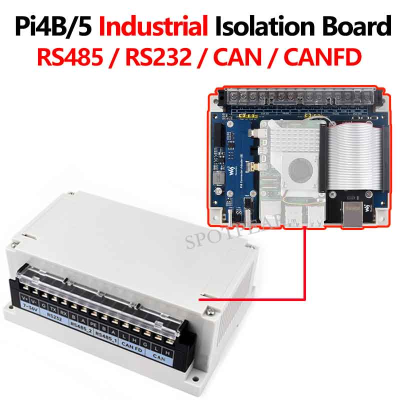 Raspberry Pi 4B/5 Industrial UART 2CH RS485 RS232 CAN FD HAT With Case For Installation of guide rails and hanging