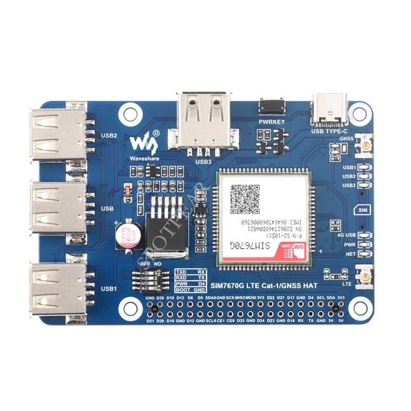 Raspberry Pi SIM7670G LTE-4G-Cat-1/GNSS/USB-HUB Expansion Board