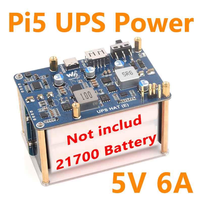 Raspberry Pi 5 UPS HAT E 4-Port For 21700-Li-Battery (NOT includ) 5V6A Uninterruptible Power Supply