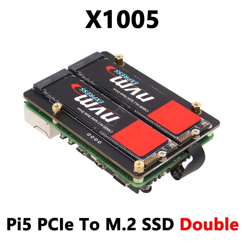 X1005 Raspberry Pi 5 PCIe to M.2 NVMe Dual SSD Adapter Board HAT Pi5 Double 2230/2242/2260/2280