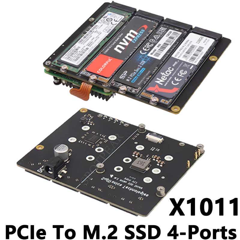 X1011 Raspberry Pi 5 PCIe to M.2 NVMe 4-Ports SSD Board HAT Pi5 Four-Times 2280