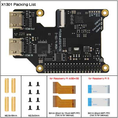 X1301 Raspberry Pi 5 HDMI to CSI-2 Shield 1080P@60fps & Audio & Video Also For 4B/3B