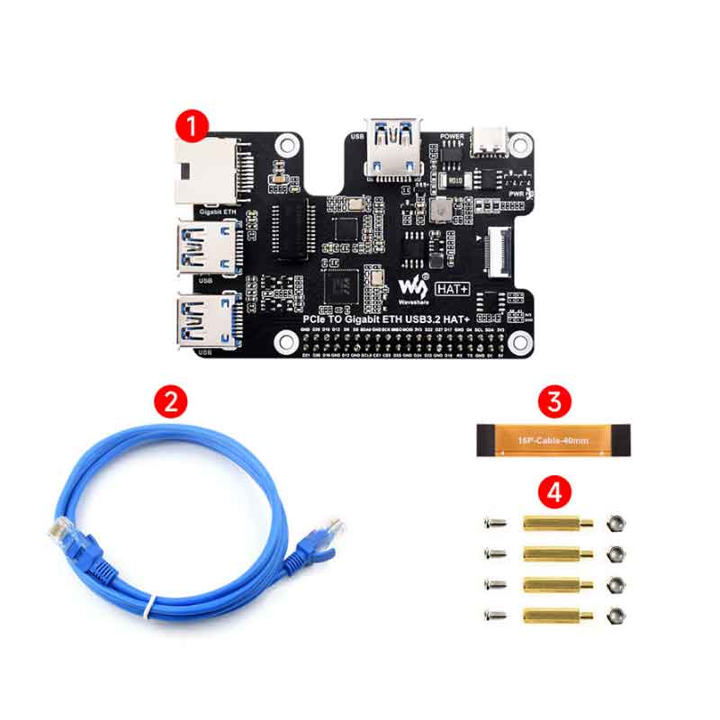 Raspberry Pi 5 PCIe TO Gigabit ETH USB3.2 HAT+ USB HUB