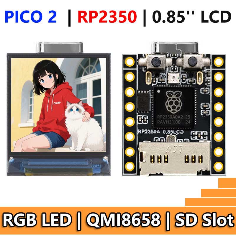 Raspberry Pi Pico 2 RP2350 0.85 inch LCD Display mini Development Board 0.85inch Screen RGB LED/SD Slot /QMI8658 Gyroscope Sensor