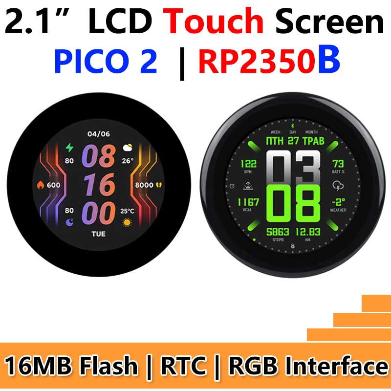Raspberry Pi Pico 2 RP2350B 2.1 inch Round LCD Touch Display 480x480 HMI LVGL QMI8658 6-axis 65K Colors