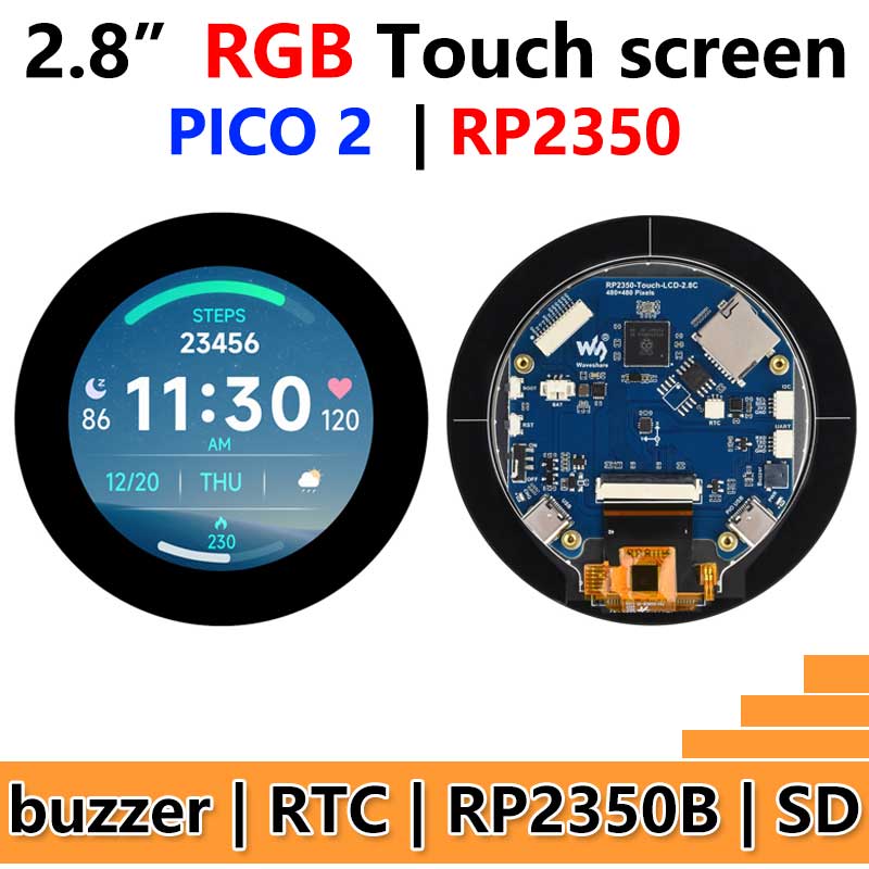 Raspberry Pi Pico 2 RP2350B 2.8 inch LCD Development Board RGB Display Round  TouchScreen 480x480 LVGL QMI8658 / SD / RTC