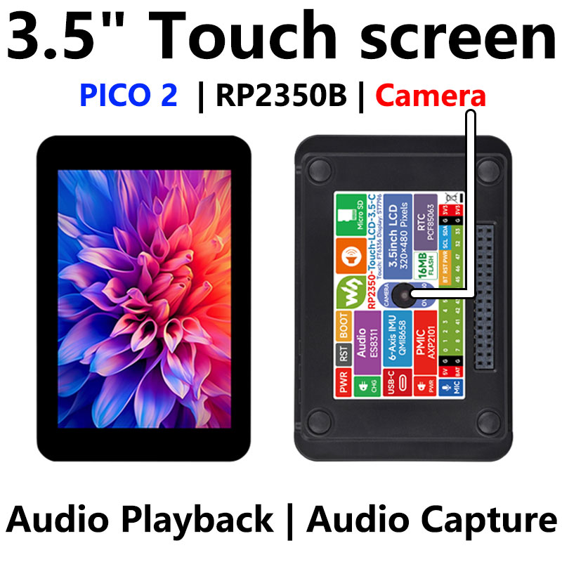 Raspberry Pi Pico 2 RP2350 3.5 inch LCD Capacitive 3.5inch TouchScreen Development Board 240x320 Display QMI8658 6-Axis /OV5640 Camera /SD /Battery Po