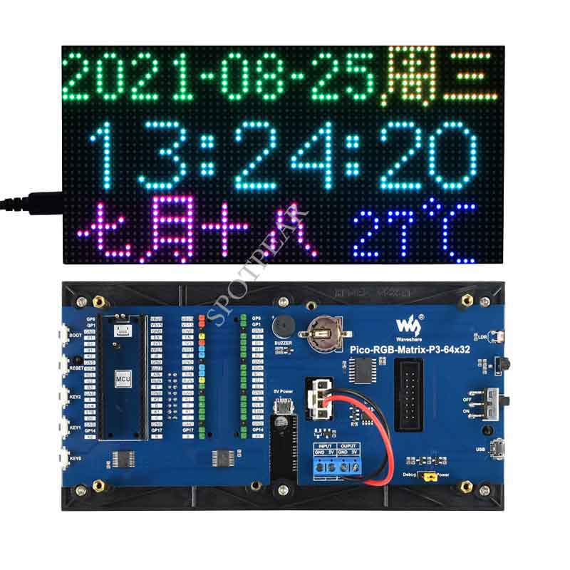 Raspberry Pi Pico RGB LED dot matrix display full color multi function digital clock 64×32 